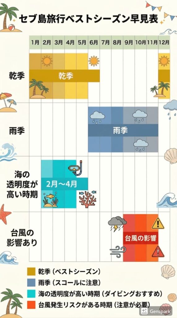 セブ島ベストシーズン早見表｜乾季・雨季・海の透明度が高い時期・台風シーズンを月別にまとめた図