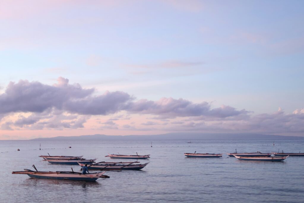 朝方のオスロブの海にボートが5台浮いている様子
