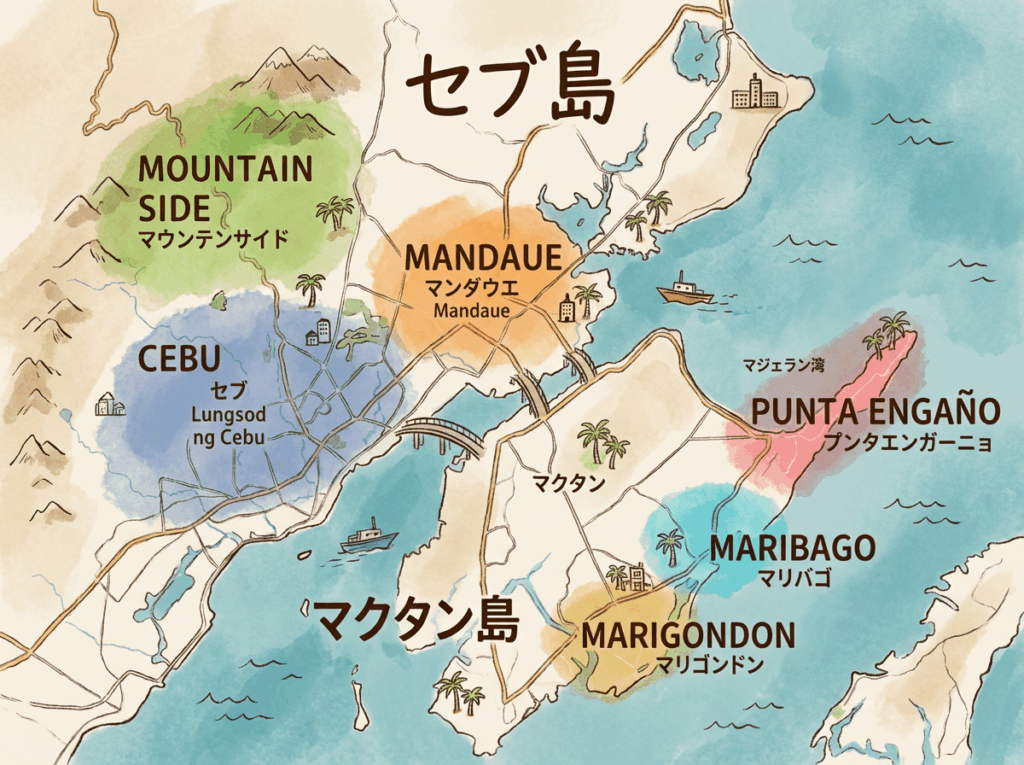 セブ島のセブシティ、マンダウエ、マウンテンサイド、マリゴンドン、マリバゴ、プンタエンガーニョとエリアを紹介してるエリアマップ