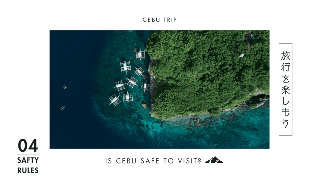 「IS CEBU SAFE TO VISIT?」の文字入りアイキャッチ。緑の岬とバンカーボートが浮かぶ海の空撮