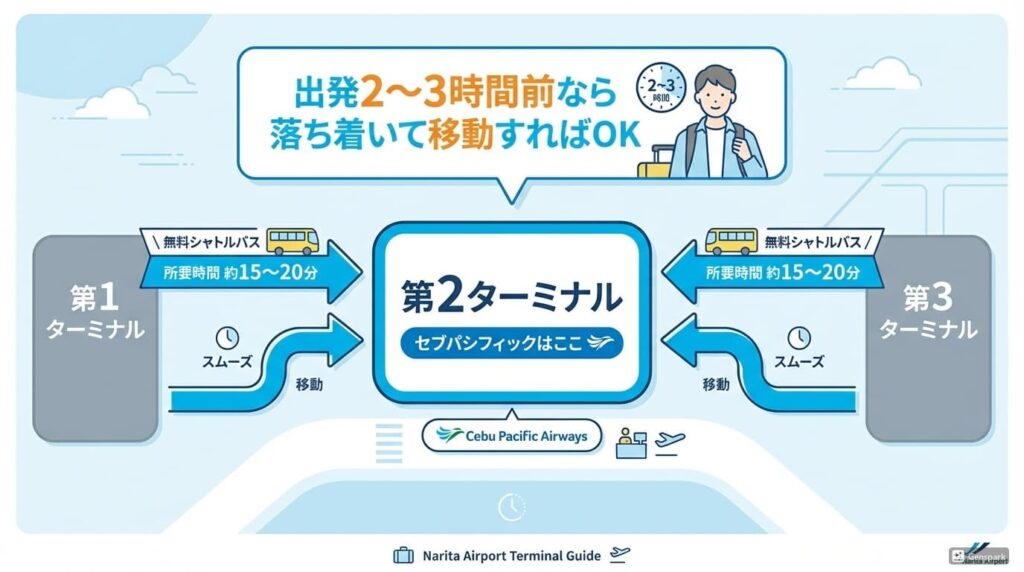 成田空港で第1ターミナルや第3ターミナルに行ってしまった場合の対処法を図解で解説。第2ターミナルへの無料シャトルバス移動と所要時間を紹介。