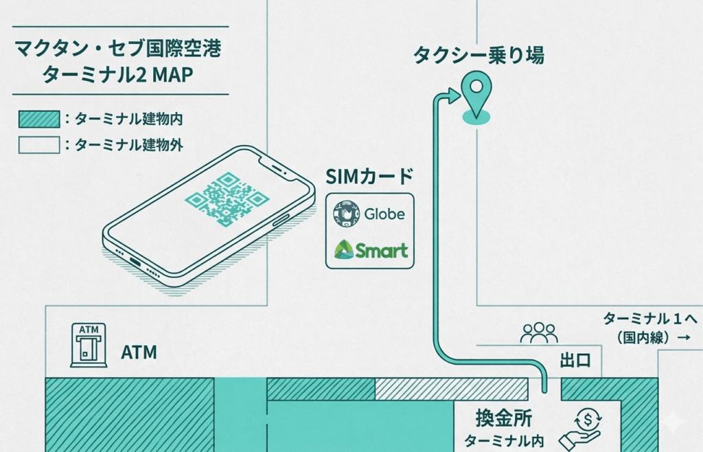 ターミナル2の平面図。タクシー乗り場、SIMカード売り場、ATM、両替所、出口の場所が色分けされ、ピクトグラムで示されています。