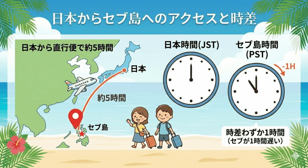 日本からセブ島への飛行時間（直行便で約5時間）と時差（マイナス1時間）をまとめたアクセス案内図