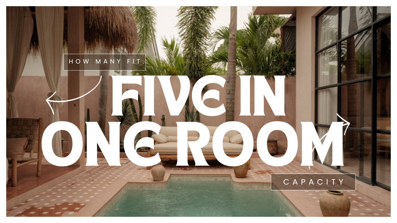 リゾートの中庭とプールを背景にした「FIVE IN ONE ROOM」のタイトル画像。セブ島のホテルに5人で1室に泊まれるかを扱う記事のアイキャッチ